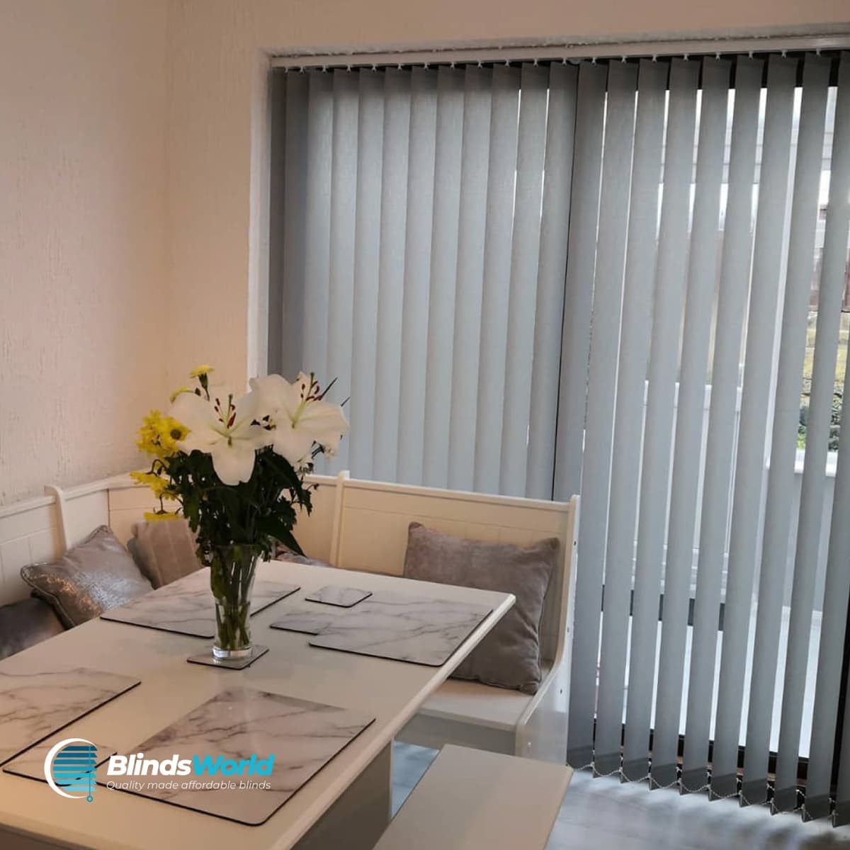 Vertical blinds in a bright living room
